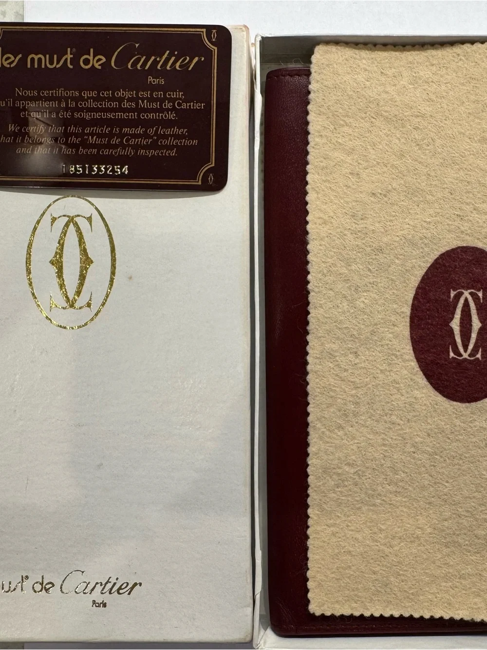 Vintage Must de Cartier Burgundy Leather Passport Holder Travel Wallet w/ Box